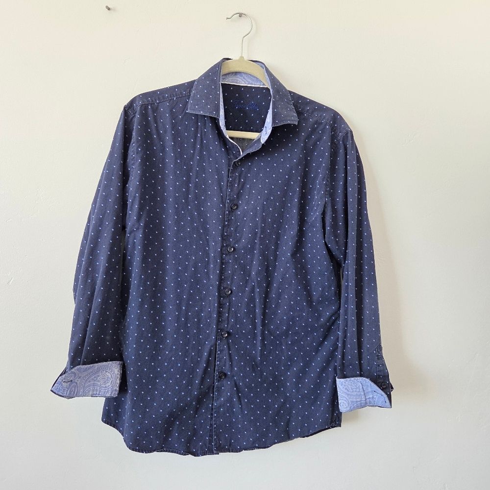 Tasso Elba Mens Dress Shirt Polka Dot Paisley Blue Cotton Preppy Wedding Guest M